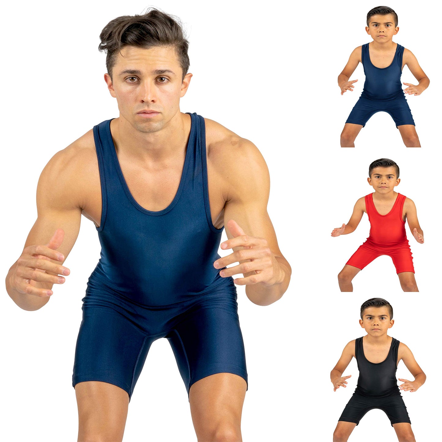 4 Time All American Wrestling Singlet: Black, Navy Blue, Red, Teal sizes 4XS-5XL (XS 71-90 lbs., Navy)