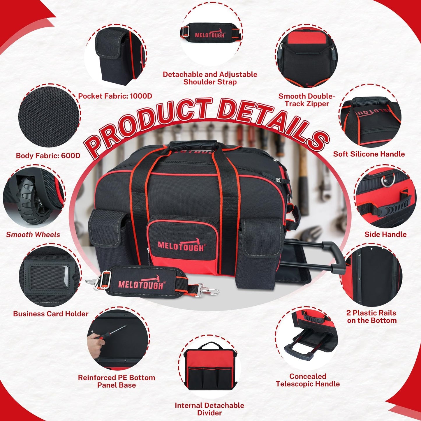 MELOTOUGH Heavy Duty Framing Nail Gun Tool Bag with Extra Storage Pockets Shoulder Strap, Rolling Tool Bag with Wheels, Concealed Telescoping Handle, Multi-Pocket Organizer
