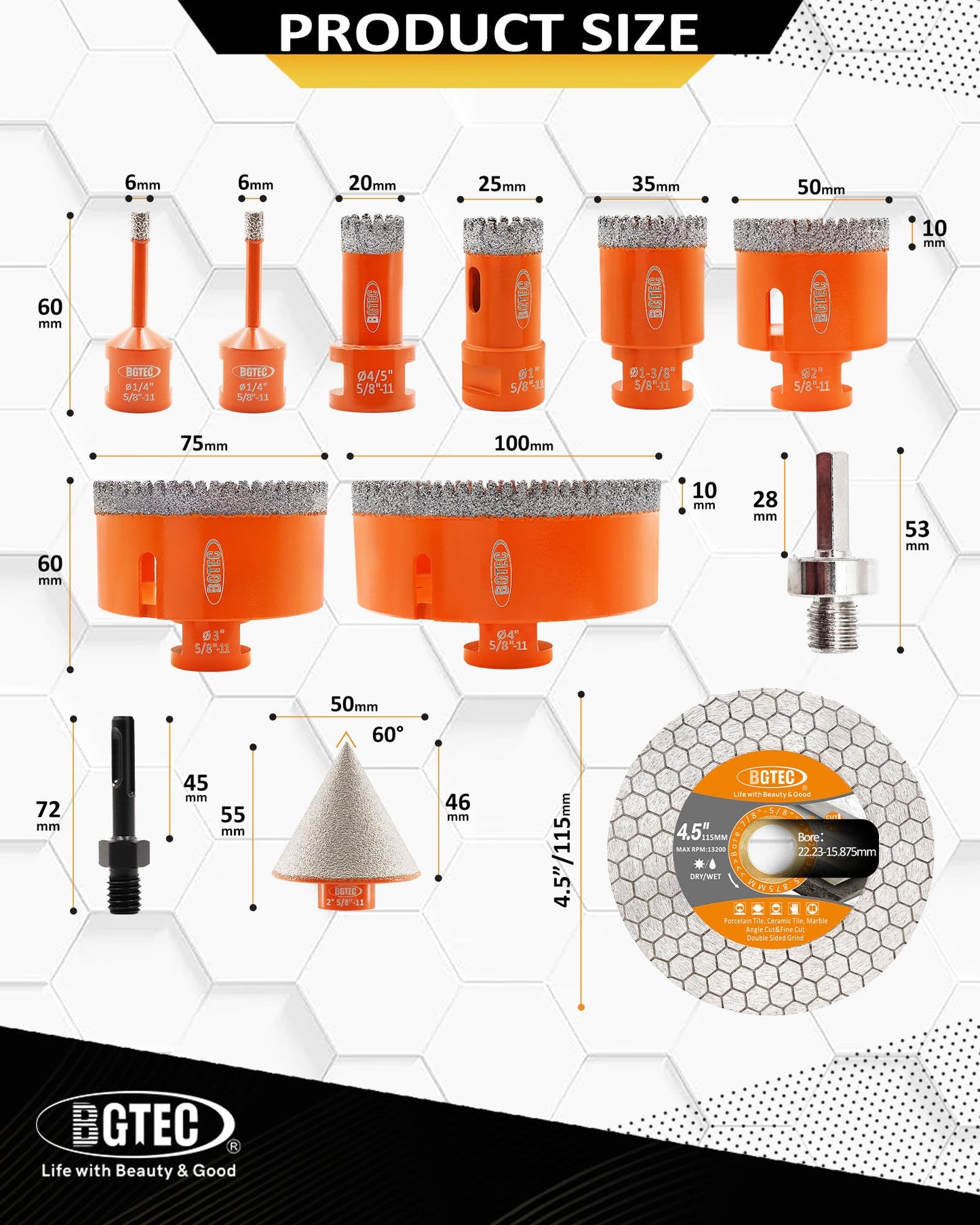 BGTEC Diamond Hole Saw Kit - 11PCS 6/6/20/25/35/50/75/100mm Drill Bits & 50mm Chamfering Bit & SDS/HEX & 115mm Tile Blade for Porcelain Tile Ceramic Granite Marble Stoneware