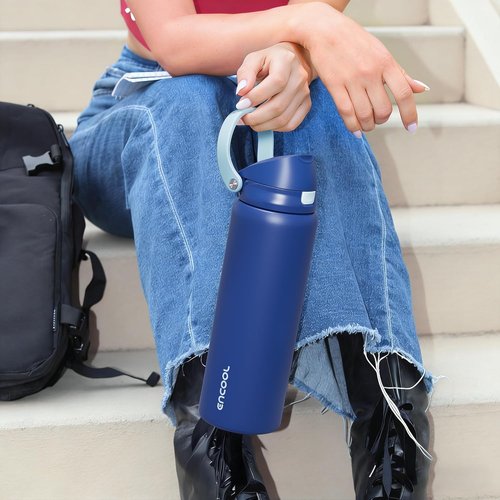 ENCOOL Insulated Water Bottle - Leakproof Dual-Sip Design for Work & Gym | 24 oz, Jet Black