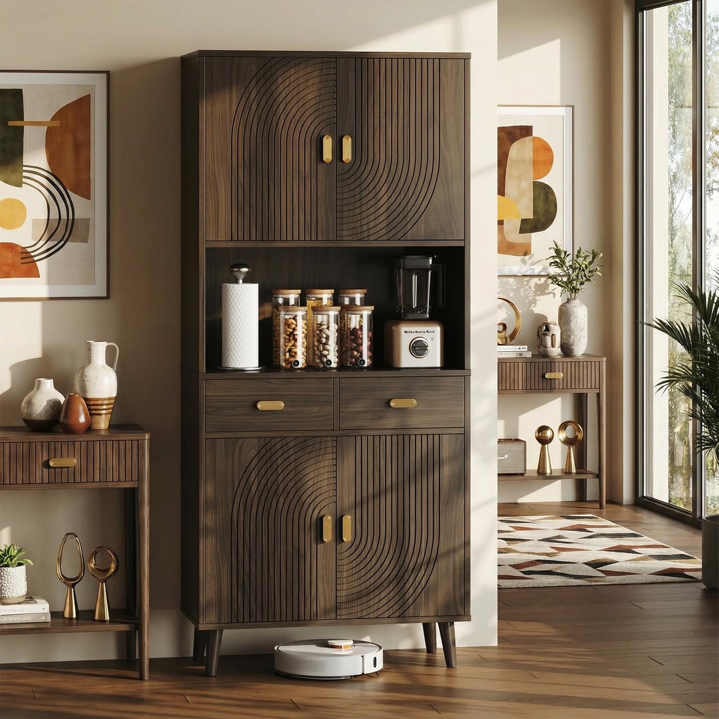 LIKIMIO 71.6" Tall Kitchen Pantry Cabinet, Walnut Mid-Century Hutch Cabinet with Storage- 3 Adjustable Shelves, 2 Drawers, Multi-Room Pantry