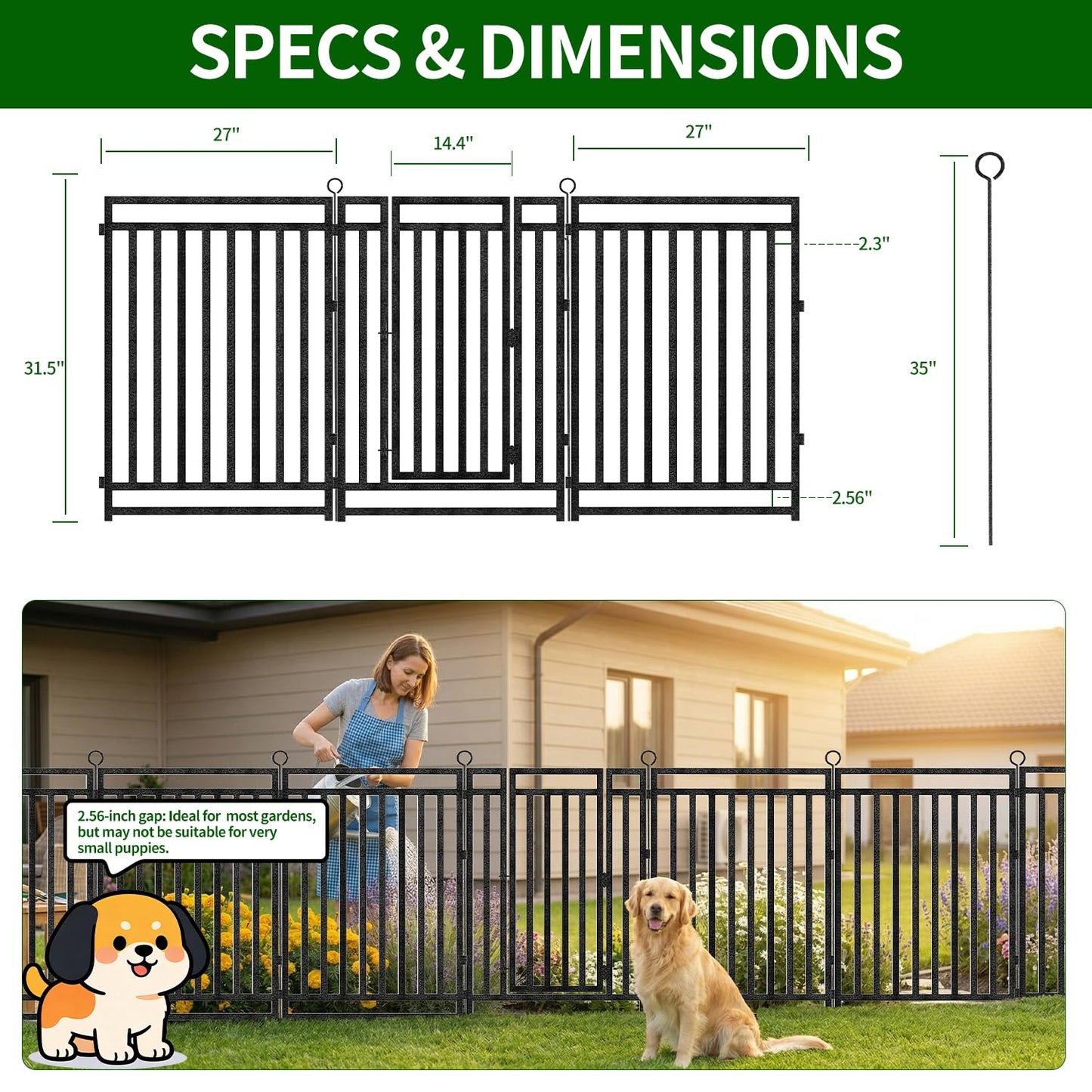 Decorative Garden Fence Metal Dog Fence Outdoor, 40in (H) x 90ft (L), 35 Panels + 5 Gates, Heavy Duty Garden Fencing Animal Barrier for Patio & Flower Bed, Black-Silver