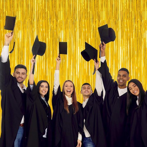 Gold Grad Curtains by [Brand Name] - 4 Pack Metallic Backdrop for 2026 Graduation Party | 3.28 x 7.05 Feet