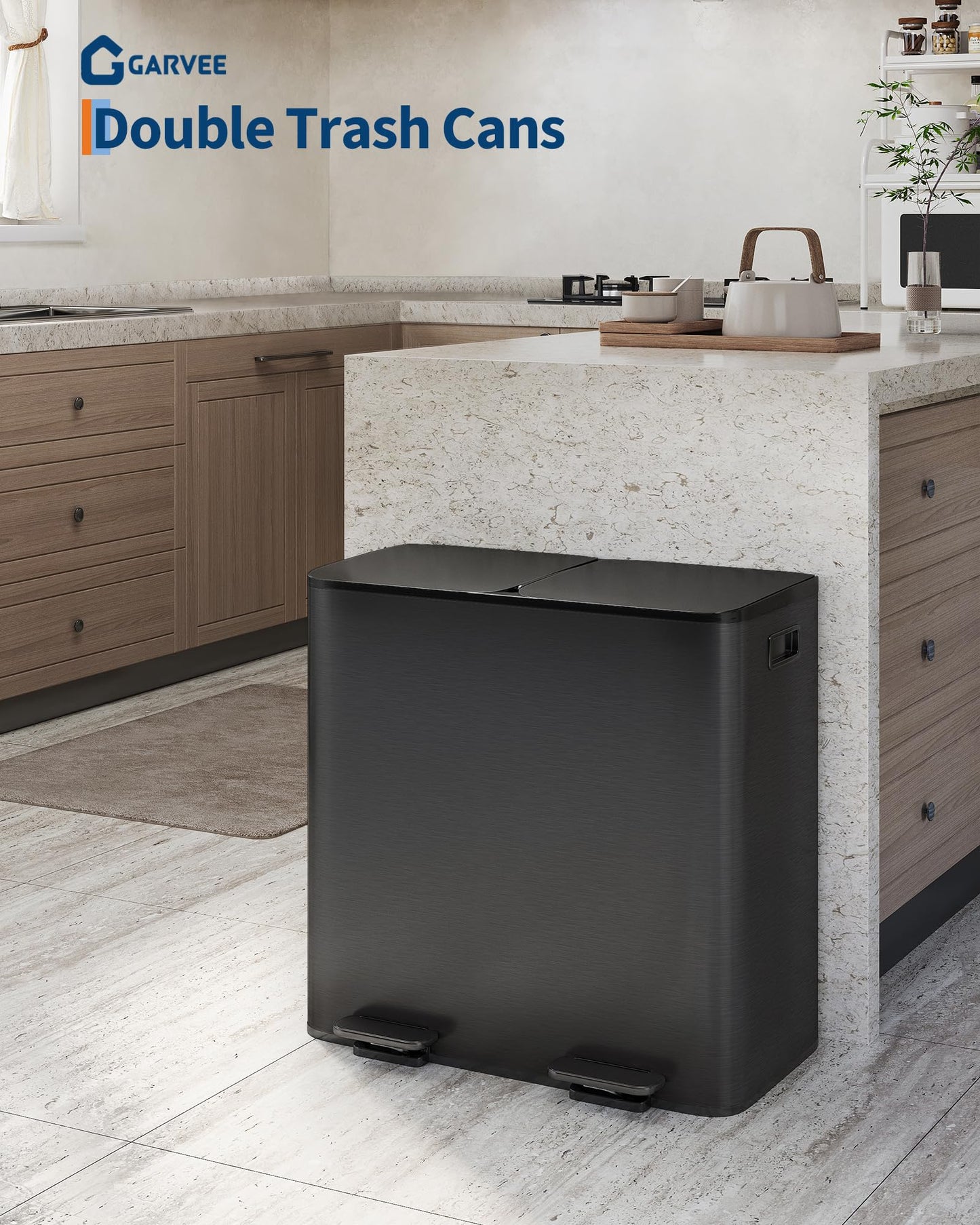 Garvee Double Trash Can, 2 x 10.6 gal (2 x 40 L) Garbage Can for Kitchen Dual Compartment Recycling Kitchen Step Trash Bin, Stainless Steel Trash and Recycle Bin Combo with Soft-Close Lid,Black