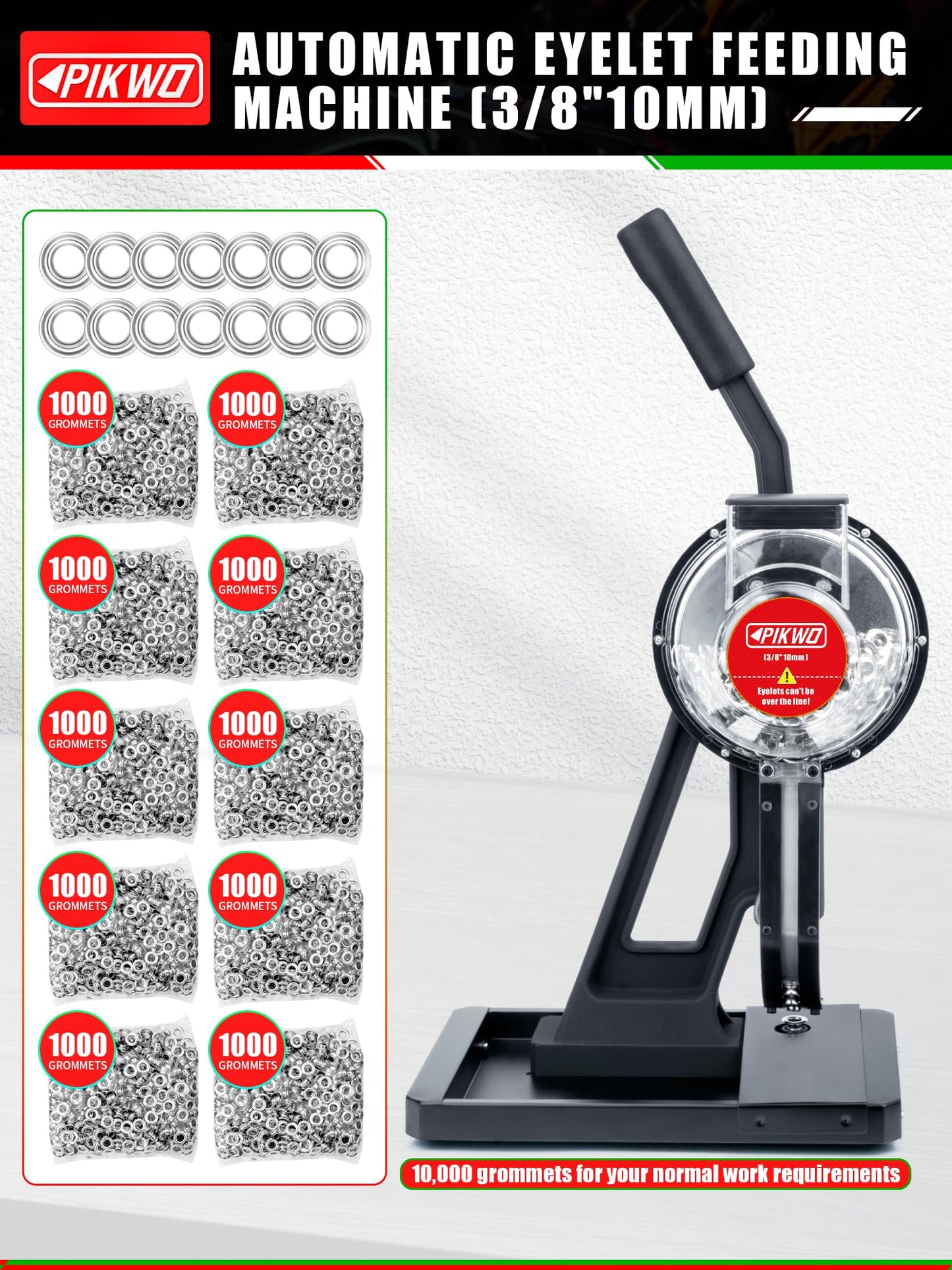 PIKWO Automatic Eyelet Feeding Machine (3/8" 10mm) Press Punch Tool Kit with 3/8” Die and 10,000 Pcs Grommets Self Piercing Grommet Maker Labor Saving Corsetry Class Recommended