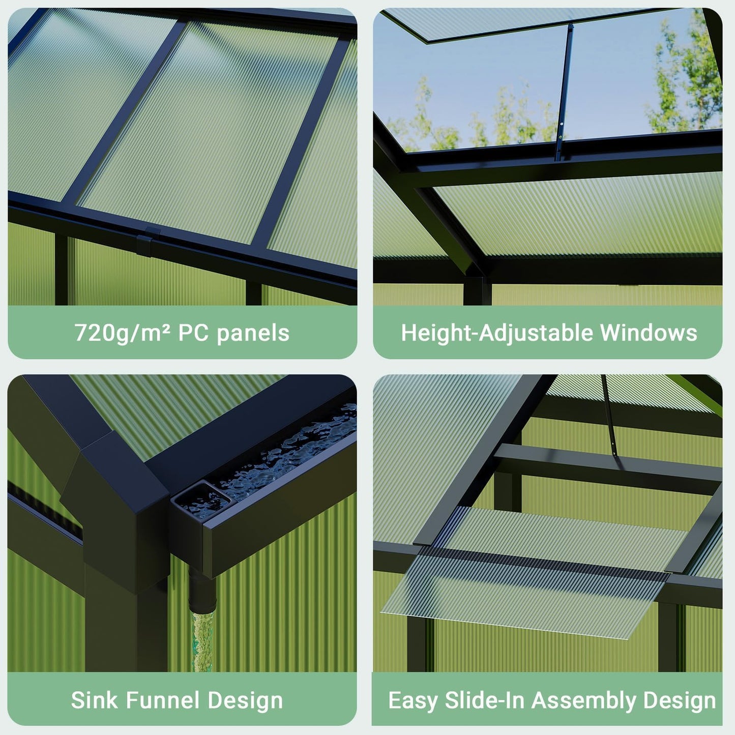 6x10 ft Outdoor Polycarbonate Greenhouse, Durable Aluminum Frame with Lockable Door, Adjustable Roof Vent, Ideal for Backyard, Patio, or Garden, All-Weather Green Houses for Outside Plant Growing