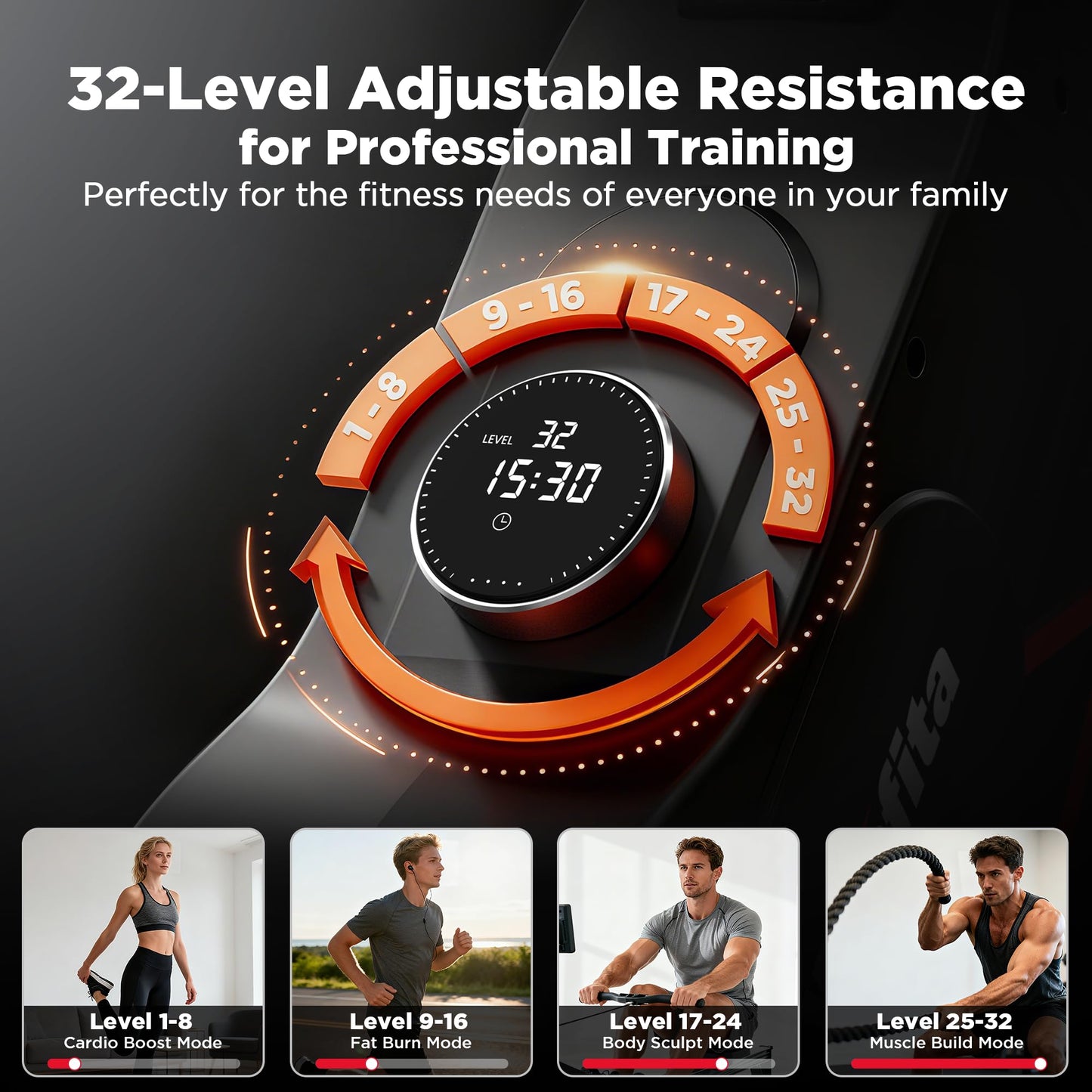 Winfita Rowing Machines for Home Use, Compact Rower Machine with 350 LBS Capacity,32-Level Self-Powered Resistance Knob with Real-Time Data Tracking, Dual Rail, Ergonomic Seat, App Support
