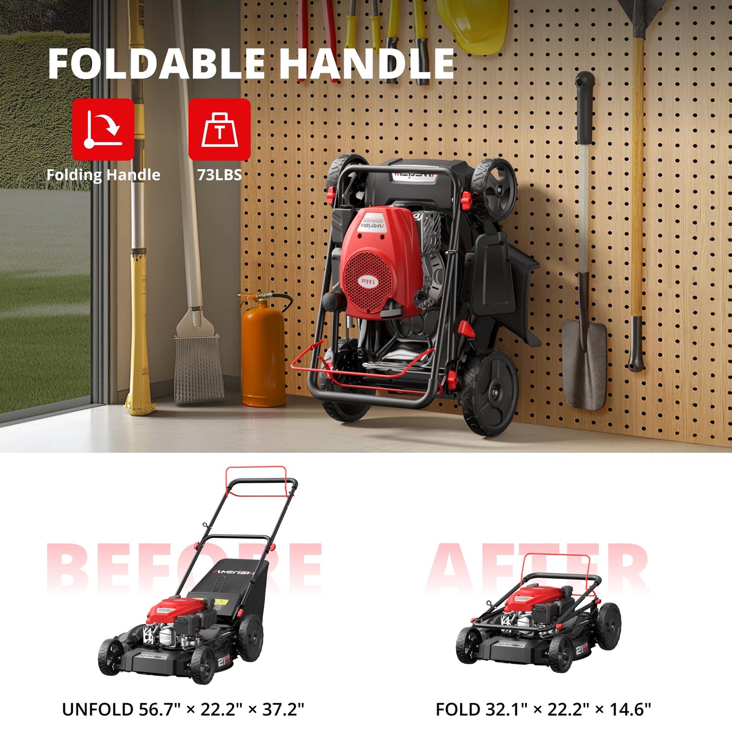Amerisun 21" Self-Propelled Gas Lawn Mower, 170cc OHV Engine with Forced Air-Cooling, 3-in-1 System, Steel Deck, 6-Position Height Adjustment, Foldable Handle