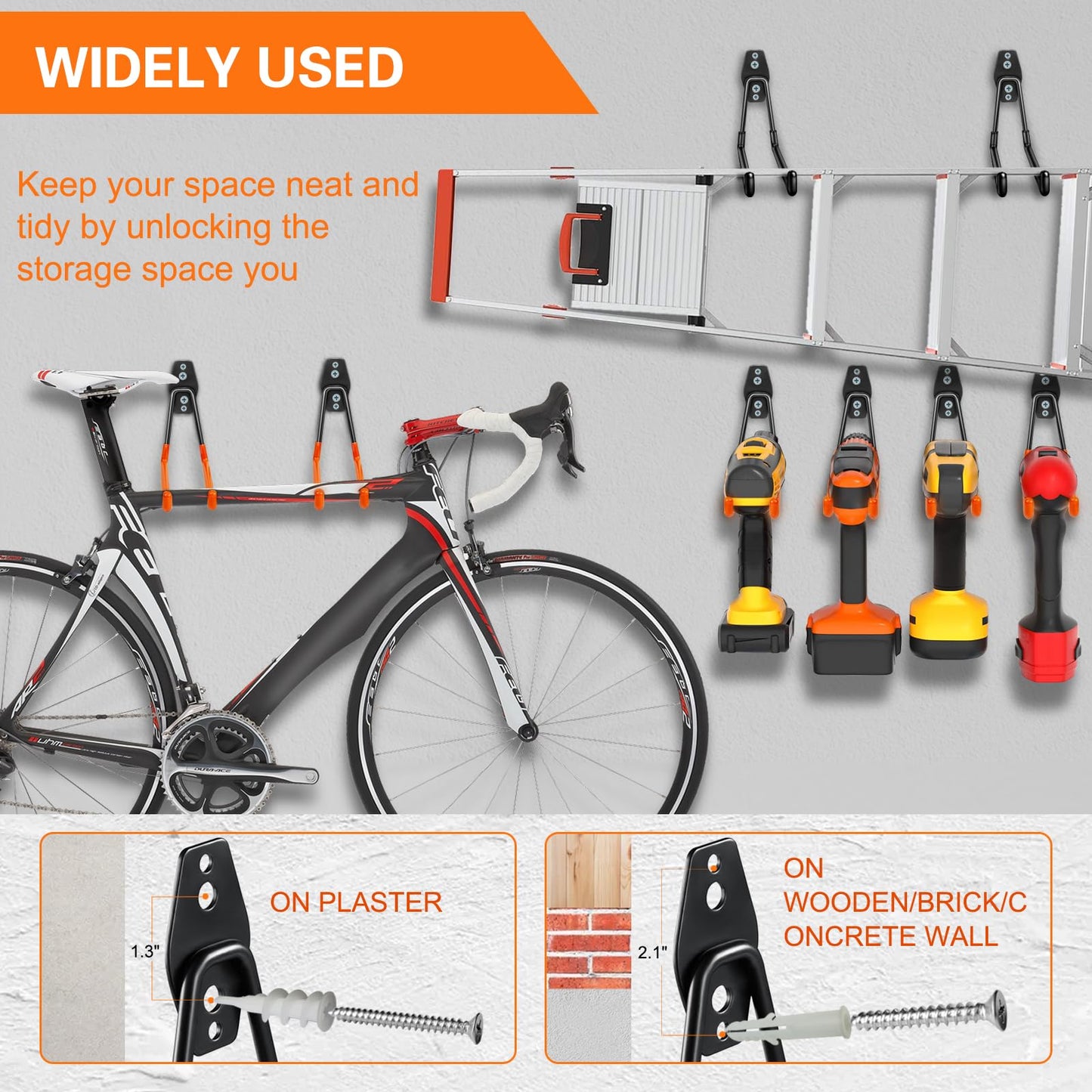 HUPBIPY Heavy Duty Garage Hooks 4 Pack, 7.7 inch U Shaped Long Hanger, with 2 Extension Cord Holder Organizer, Wall Mounted Storage System, for Power and Garden Tool Hanging， Ladders, Bikes, Hose