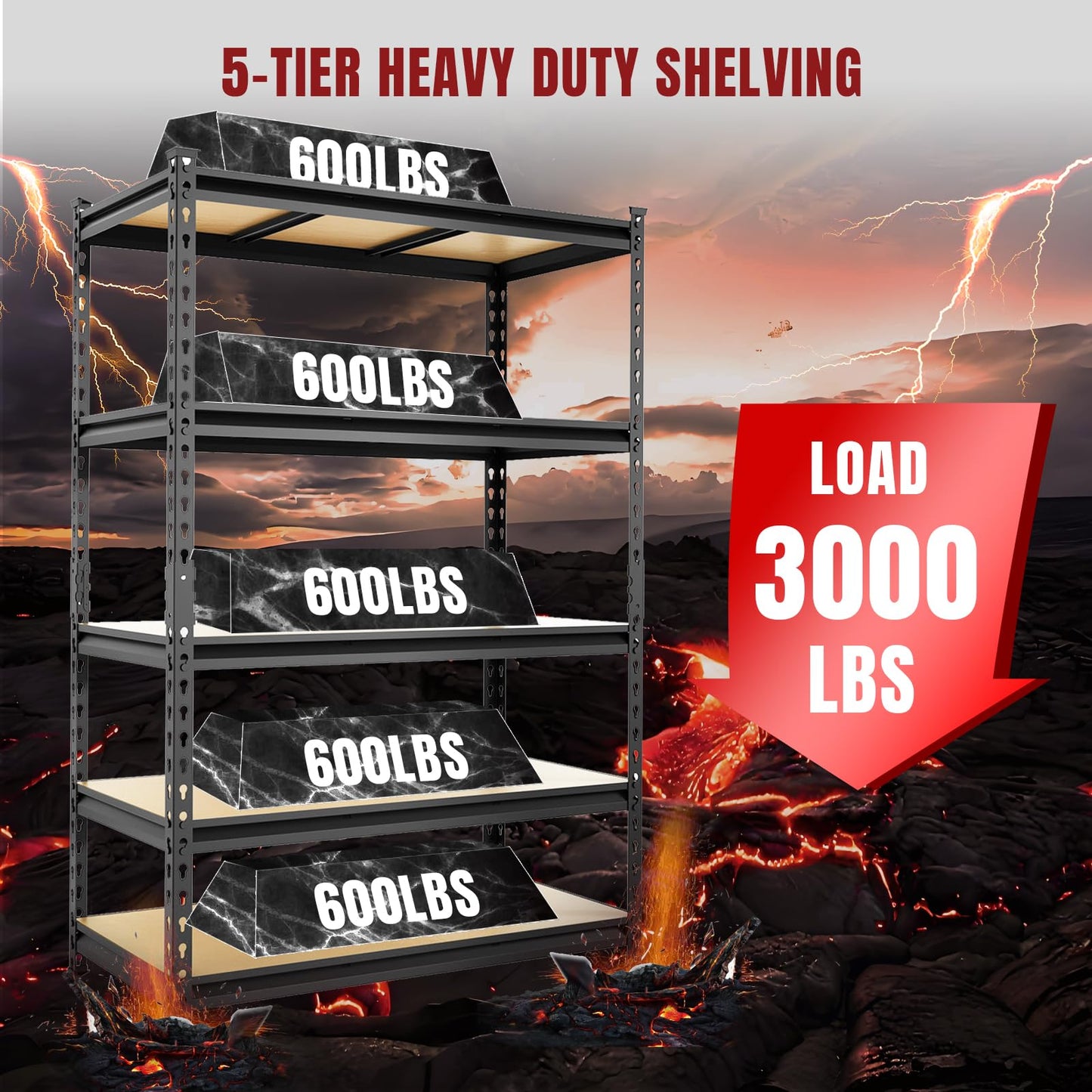 Big RED 5 Tier Heavy Duty Garage Storage Shelving: Adjustable Metal Utility Shelving Rack for Garage, Basement, Pantry, Closet - 3,000lb Capacity (72"x48"x24") Black