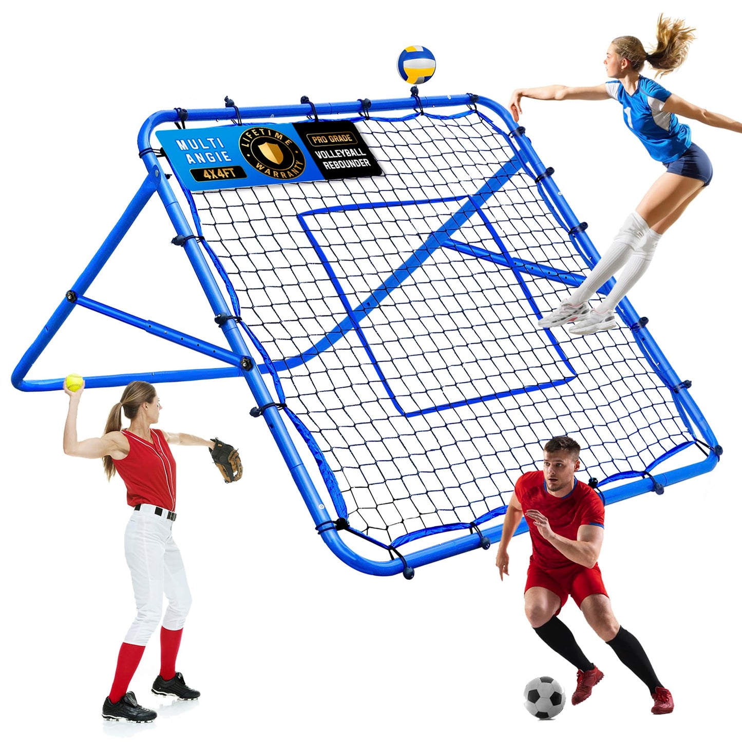 Volleyball Rebounder Net, Soccer Baseball Rebound Pitchback Net, 4x4ft Adjustable Target Practice Nets, Easy Setup Softball Bounce Back Trainer Equipment, Improve Sport Training Skills for Backyard