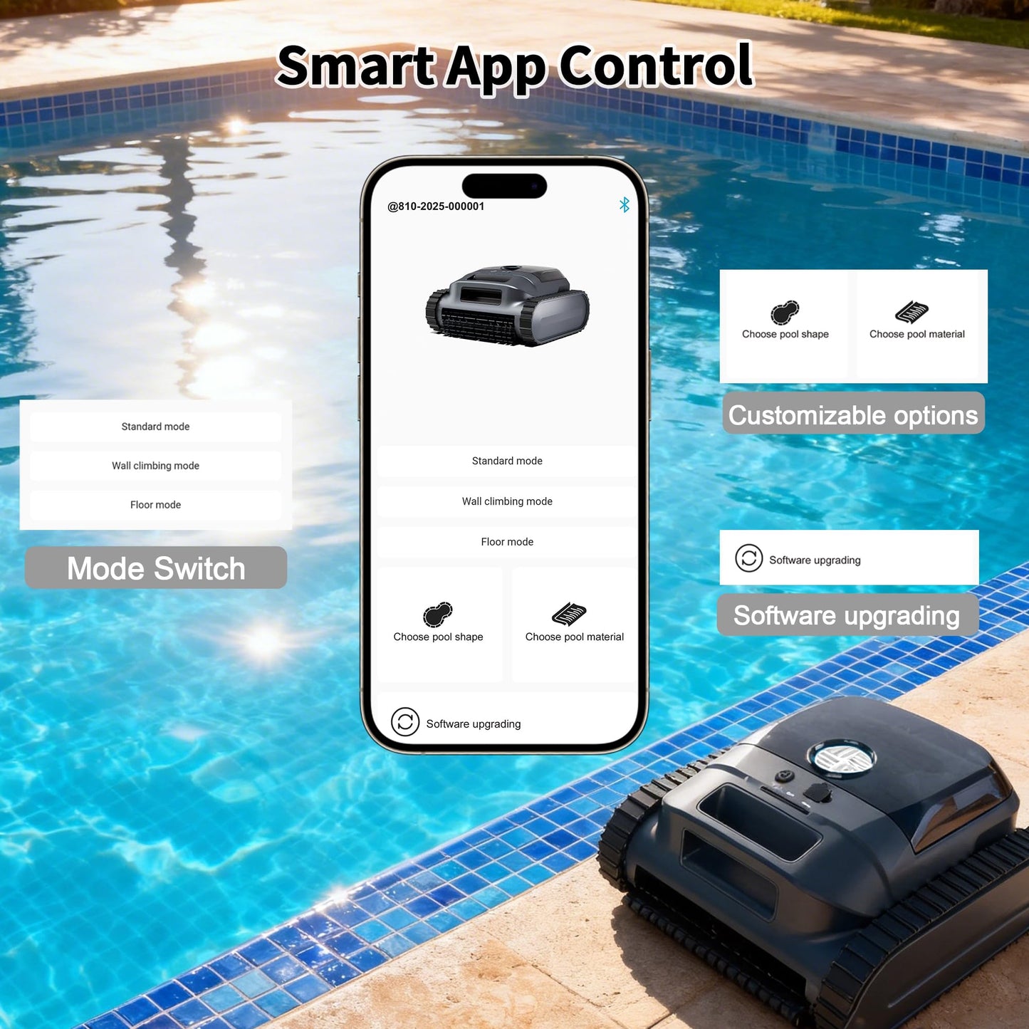 CZYBYTE Cordless Robotic Pool Vacuum Cleaner, Intelligent Route Planning, Wall & Waterline Climbing, 120-Min Runtime, for Above Ground/Inground Pools up to 2000 sq. ft, APP Support,White