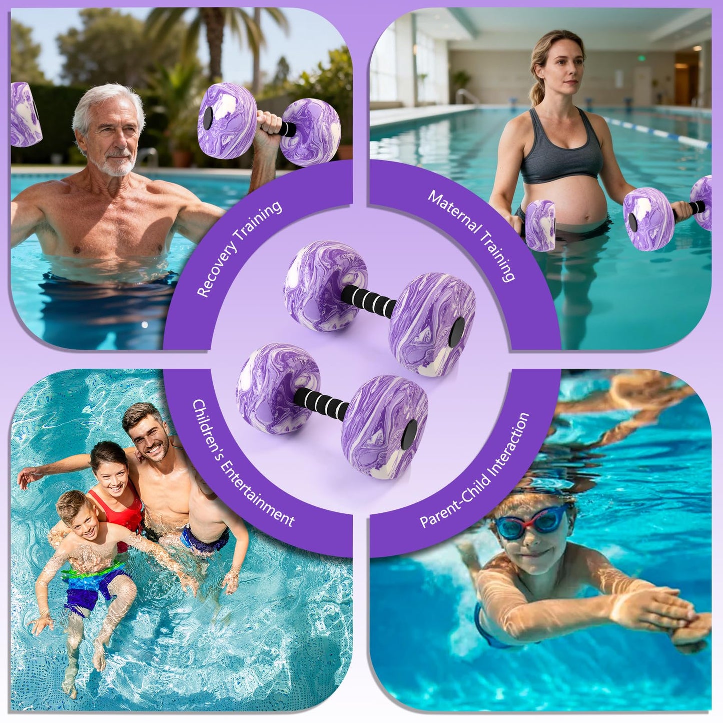 Aquatic Exercise Dumbbells, 2PCS Water Weights for Pool Exercise, Water Aerobics Equipment High-Density EVA-Foam Pool Weights Dumbbells for Weight Loss, Pool Fitness, Water Exercise (Purple)