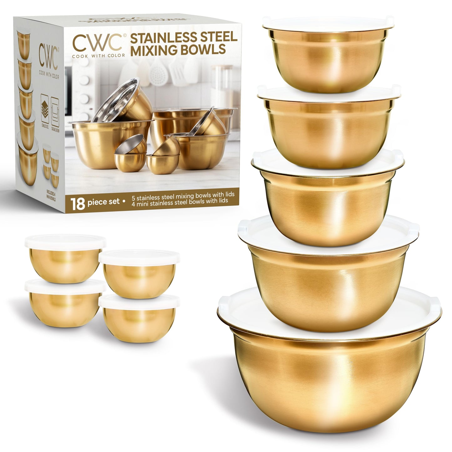 COOK WITH COLOR 18 Piece Mixing Bowls Set with Airtight Lids, Stainless Steel Bowl Organizers, Food Storage Containers, Meal Prep, Nesting Salad Bowls For Cooking, Baking, Kitchen Use, Gold