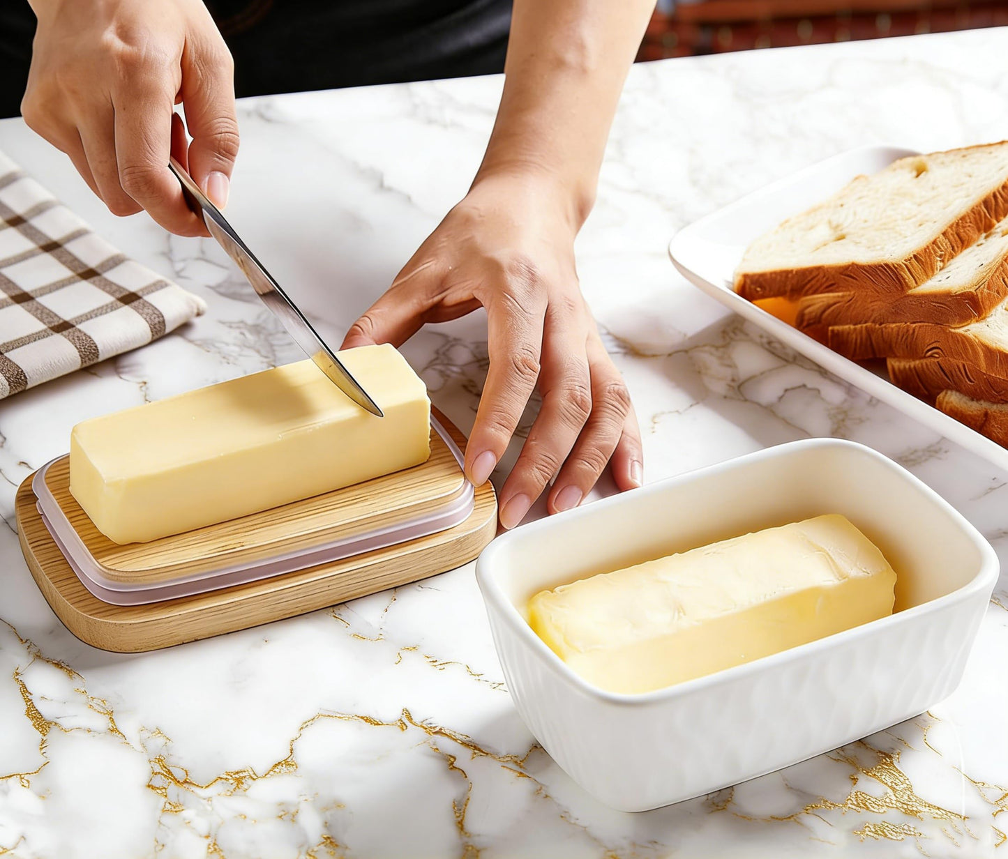KOOV Porcelain Large Butter Dish with Lid, Airtight Butter Container with Oak Lid, Perfect for 2 Sticks, Texture Series (White)