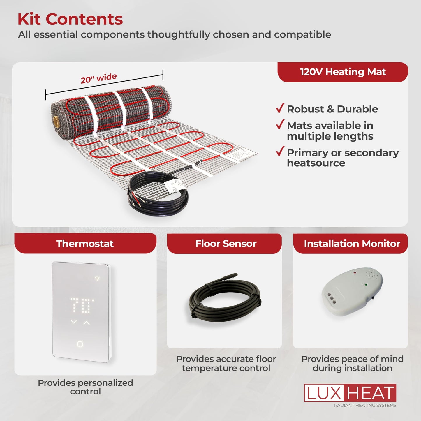 LuxHeat 90sqft Floor Heating Mat Kit - 120v In Floor Heating Mat for Tile, Laminate - Easy to Install Infloor Heat System - Includes UWG5 WiFi Programmable Thermostat w/GFCI, Alarm & Flooring Sensor