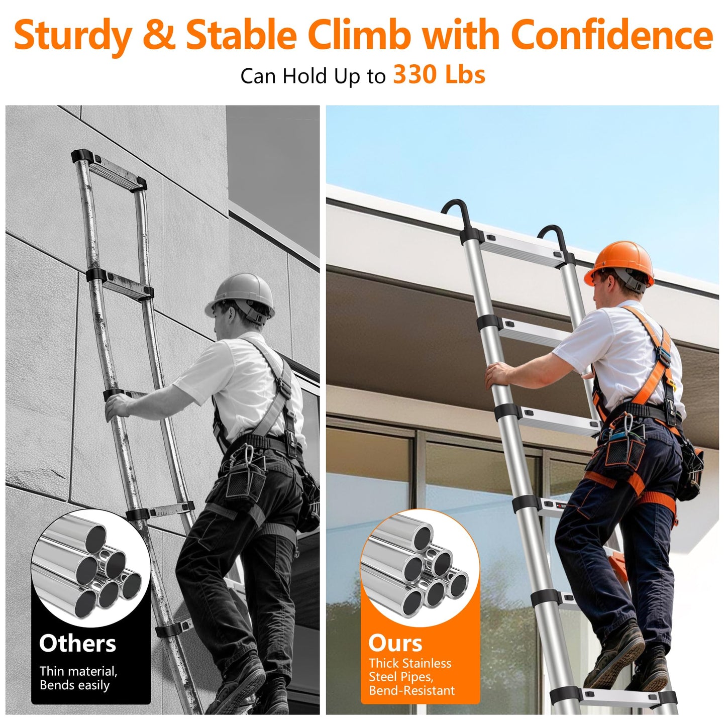 Telescoping Ladder 14.5 FT Stainless Steel Extension Ladder with 2 Detachable Hooks, Portable Multi-Purpose Collapsible Telescope Ladder for Home,RV,Outdoor Work,330lbs Max Capacity