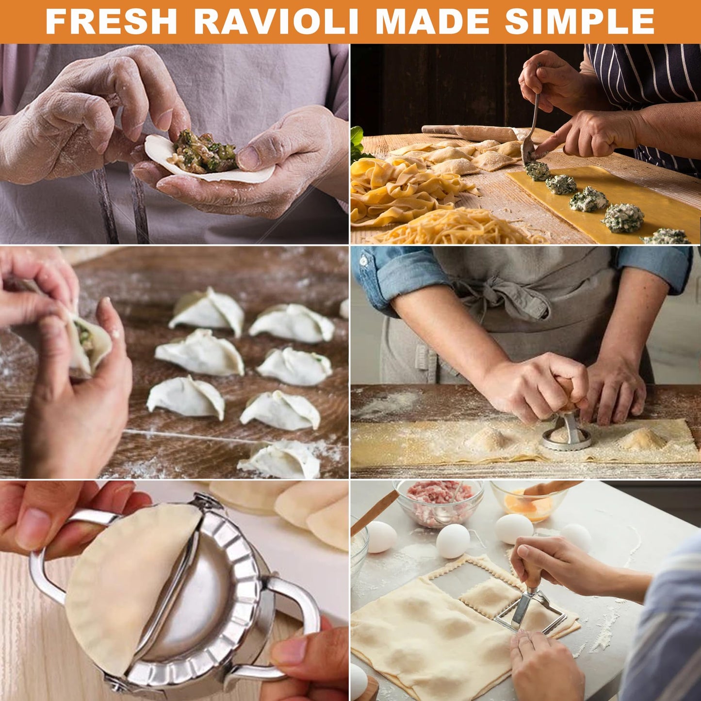 Ravioli Pasta Maker Cutter with Roller Wheel (Set of 6), Ravioli Cutter Set with Wooden Handle, Ravioli Press Dumpling Maker Tools for Ravioli, Empanada, Lasagna, Pierogi