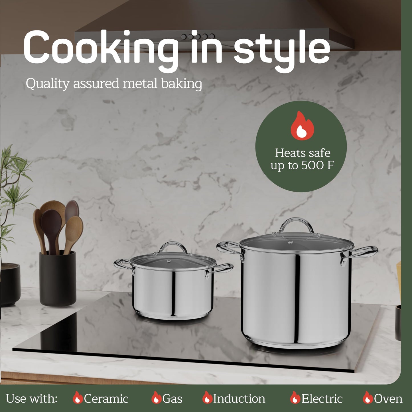 Stainless Steel Stockpot with Tempered Glass Lid 12 Quart, Durable 18/0 Stainless Steel, Impact-Bonded Base for Even Heating, Riveted Handles, Oven & All Stove Compatible, Safe Up To 500°F (260°C)