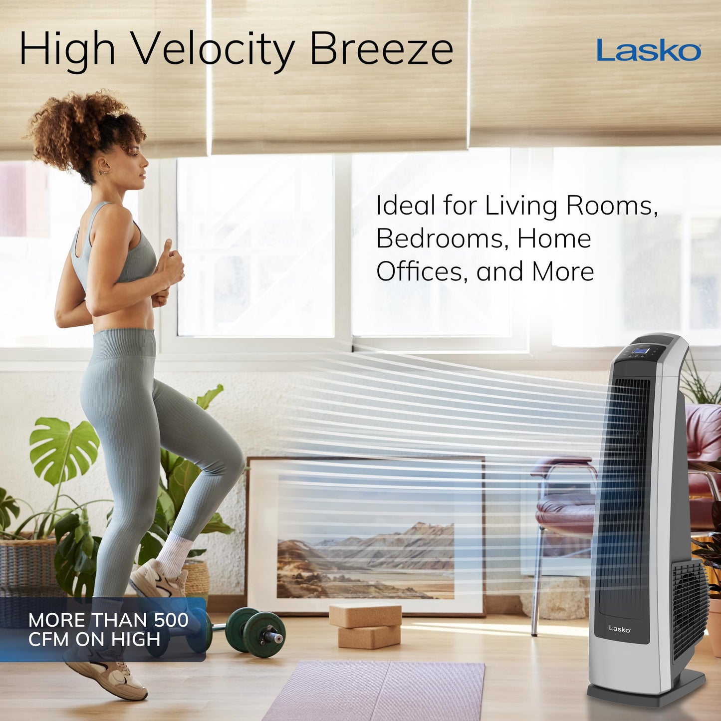Lasko High Velocity Oscillating Tower Fan, 3 Powerful Speeds, Timer, Adjustable Directional Louvers, Remote Control, For Bedroom, Basement, Garage Use, Black/Silver, 35", U35120