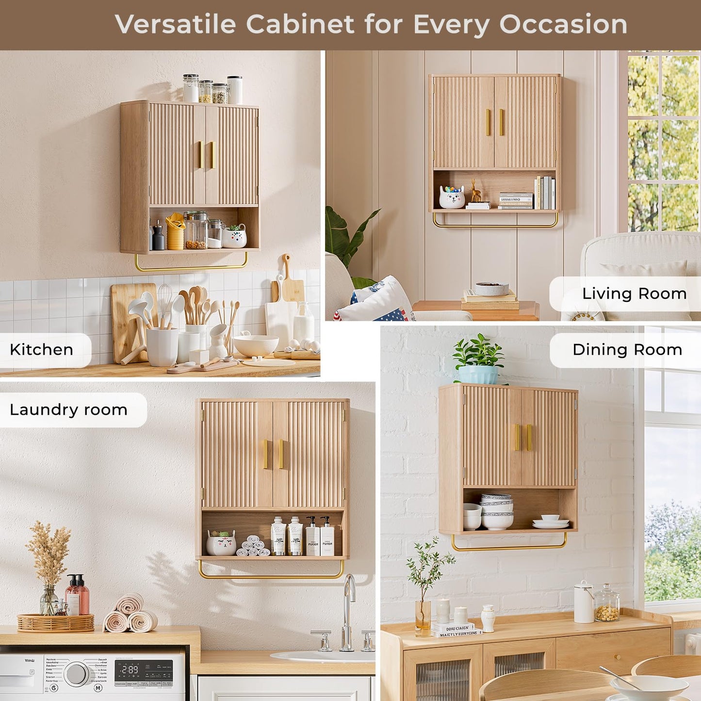 Memobarco Bathroom Wall Cabinet, Medicine Cabinet with Fluted Door & Adjustable Shelf, Over the Toilet Storage Cabinet with Towel Bar, Cabinet Wall Mount for Laundry Room & Kitchen, Wood