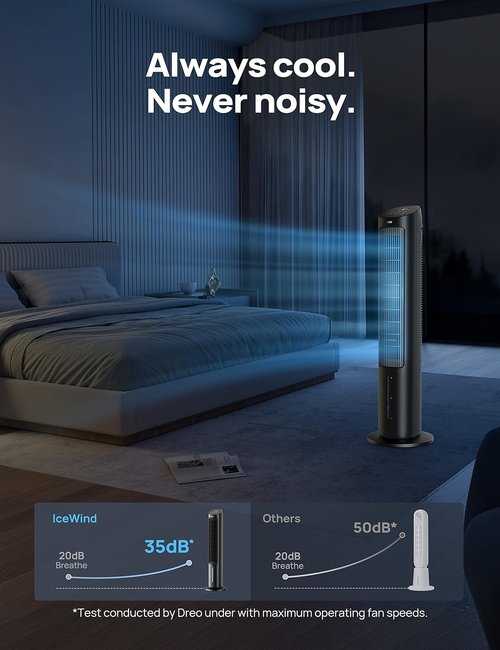 DREO 40" Tower Fan - Evaporative Air Cooler with 80° Oscillation & Remote Control | Quiet 3 Modes, Black
