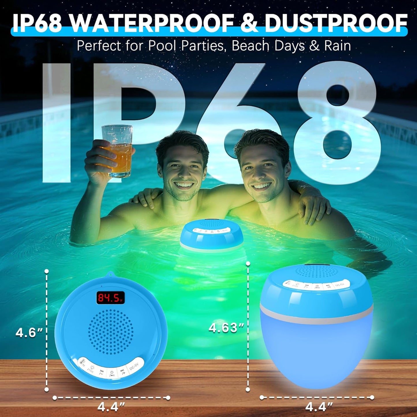 FluSing 3 1 IP68 in Floating Pool Speaker with Digital Thermometer,Bluetooth Pool Speaker with Colorful Lights,TWS