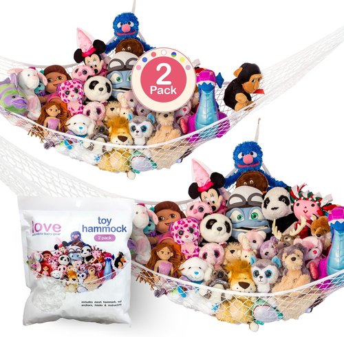 Lilly's Love Stuffed Animal Hammock - Corner Hanging Organizer & Toy Storage Net | Durable Fishing Net, Holds 12lbs | 67"x47"x47" (White, 2 Pack)