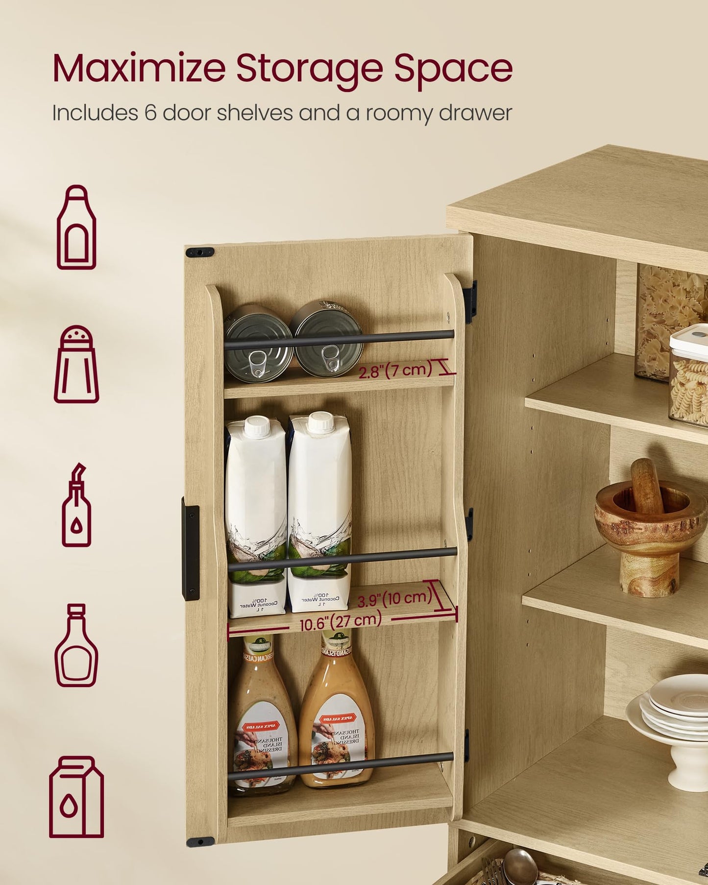 VASAGLE MAXE Collection - Pantry Cabinet, 70.6-Inch Tall Storage Cabinet with Drawer, 6 Adjustable Shelves, 2 Cabinets, Fluted Doors, Mid Century Modern, for Kitchen Living Room, Oak Beige UBBK365Y01