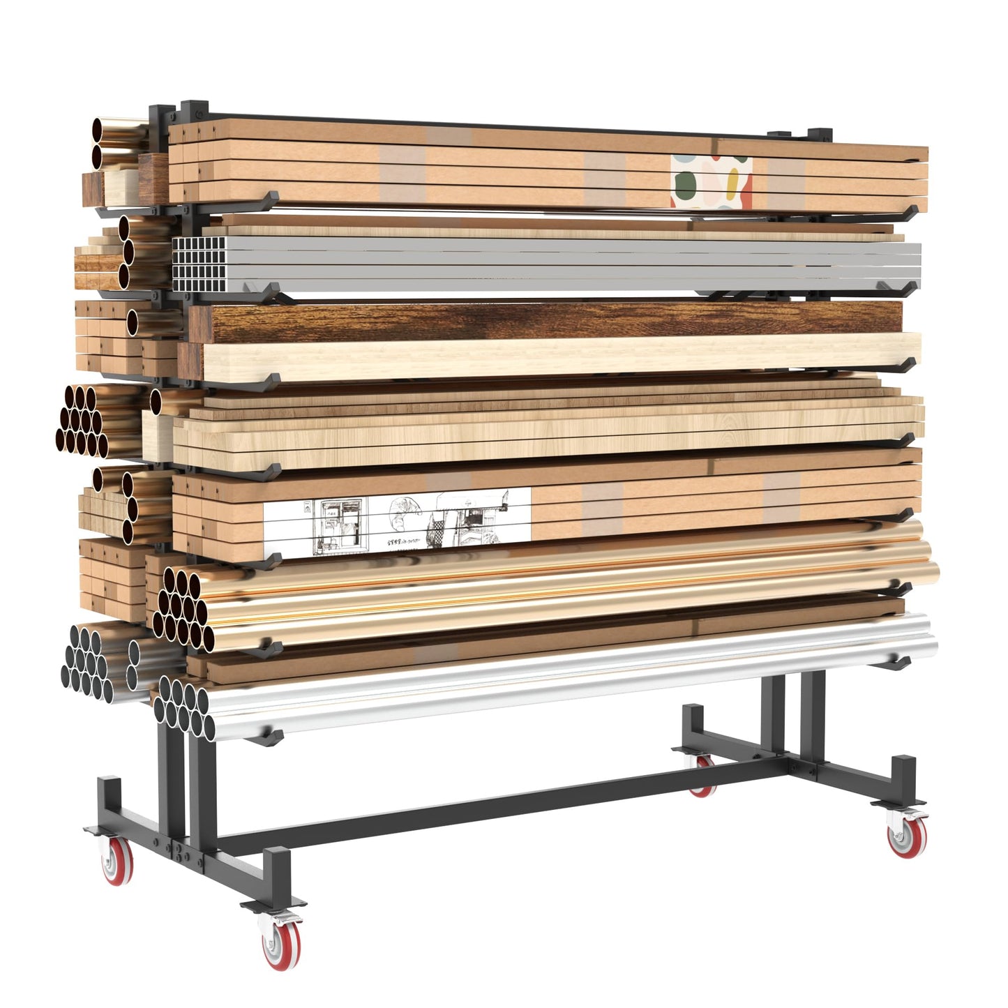UODENGA Lumber Storage Rack, Heavy-Duty 2000LBS Rolling Lumber Rack on Wheels, 7-Tier Wood Storage Rack with X-Braced Steel Frame, Pipe Rack Organizer Shelving Unit for Garage Workshop