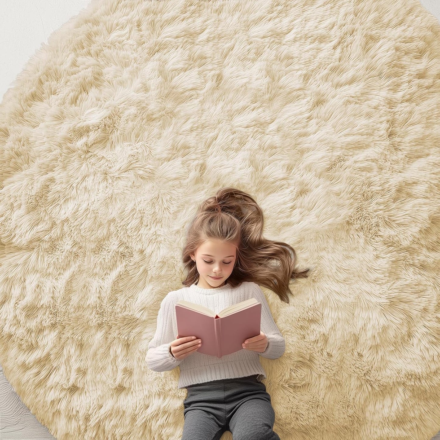 OLANLY Cream Round Area Rug - Soft, Fluffy, Machine Washable 8 ft Circle Carpet for Bedroom & Living Room Decor