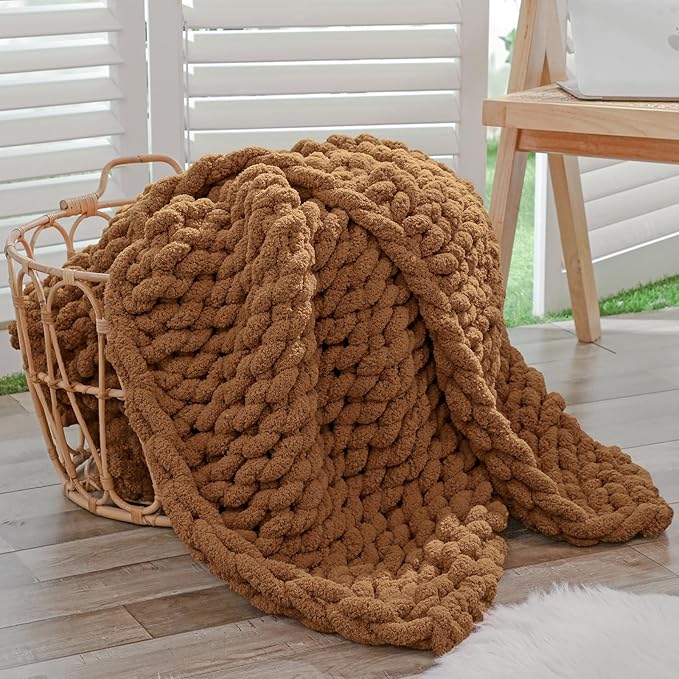 Bigacogo Chunky Knit Throw Blanket for Couch, 40x40 inches, 100% Hand Knitted with Thick Jumbo Chenille Yarn, Cozy Soft Large Rope Knot Cable Crochet Blankets for Sofa Bed Living Room, Caramel