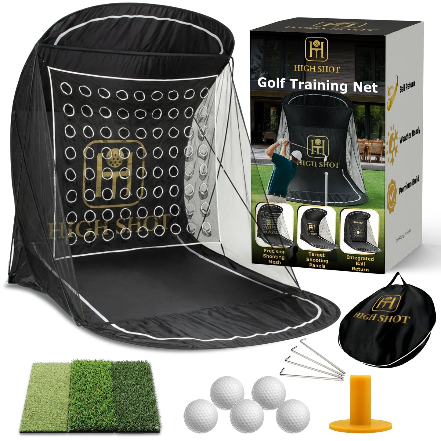 High Shot Golf Practice Net with Ball Return and Two Interchangeable Target Nets - 7.5 ft x 6 ft x 9.5 ft Heavy Duty Dual Golf Hitting Net System with Canopy for Indoor and Outdoor Use