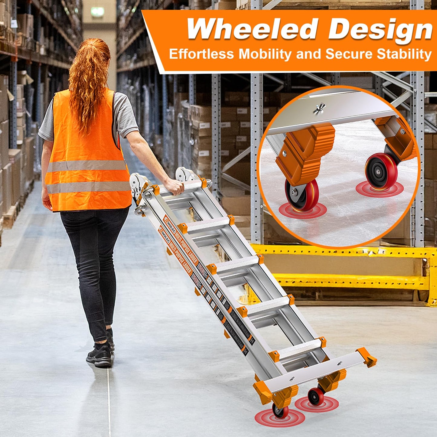 Wolec 17FT A Frame Extension Ladder, Aluminum Alloy 5-Step Ladder with Stabilizer Bar & Rolling Wheels, 330 LBS Heavy Duty, Multi-Use Ladder for Stairs Home Roof Indoor Outdoor Projects (Orange)
