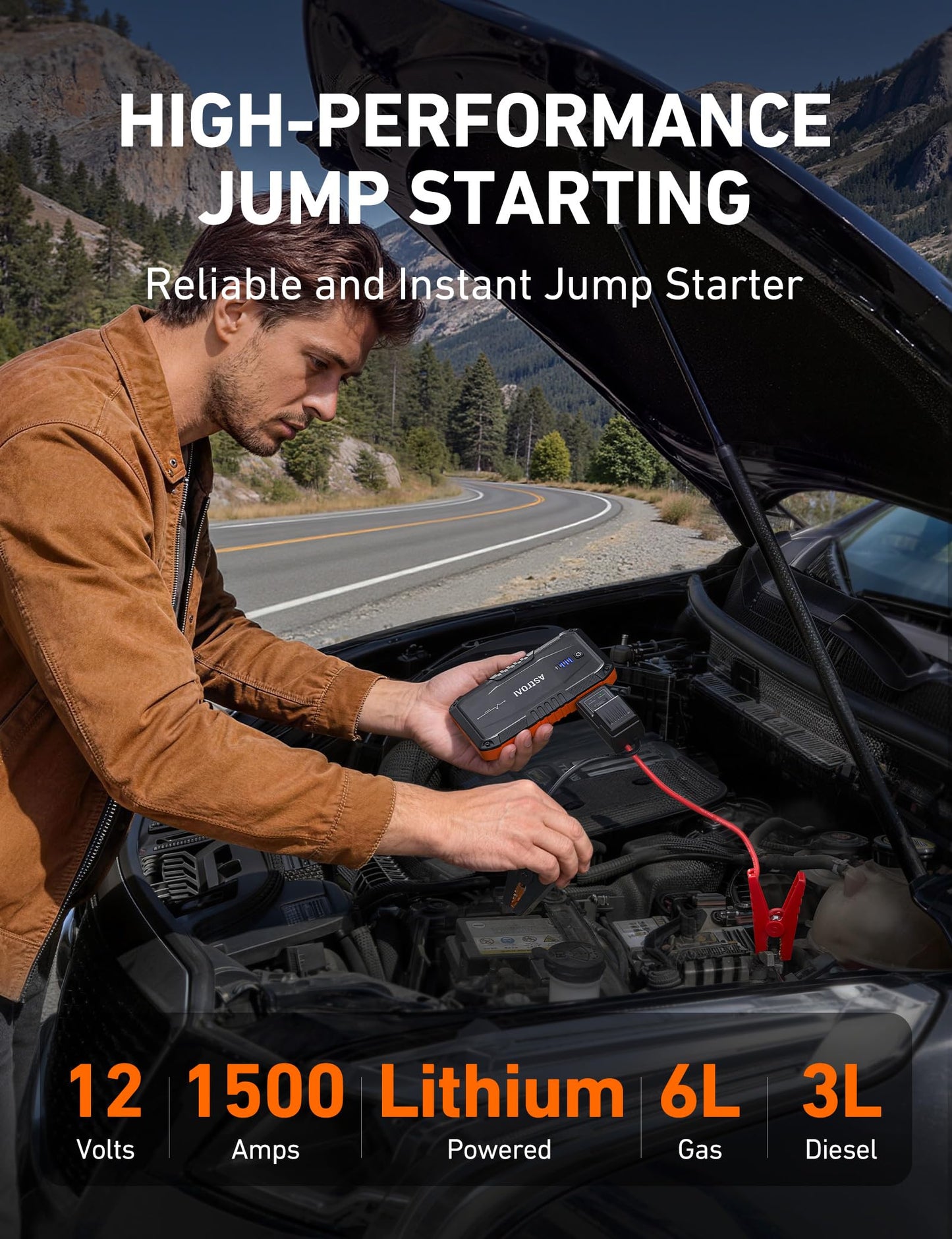 AstroAI S8 Car Battery Jump Starter, Car Jumper Starter Battery Pack for Up to 6.0L Gas & 3.0L Diesel Engines, 12V Portable Jump Box with 3 Modes Flashlight and Jumper Cable (Orange)