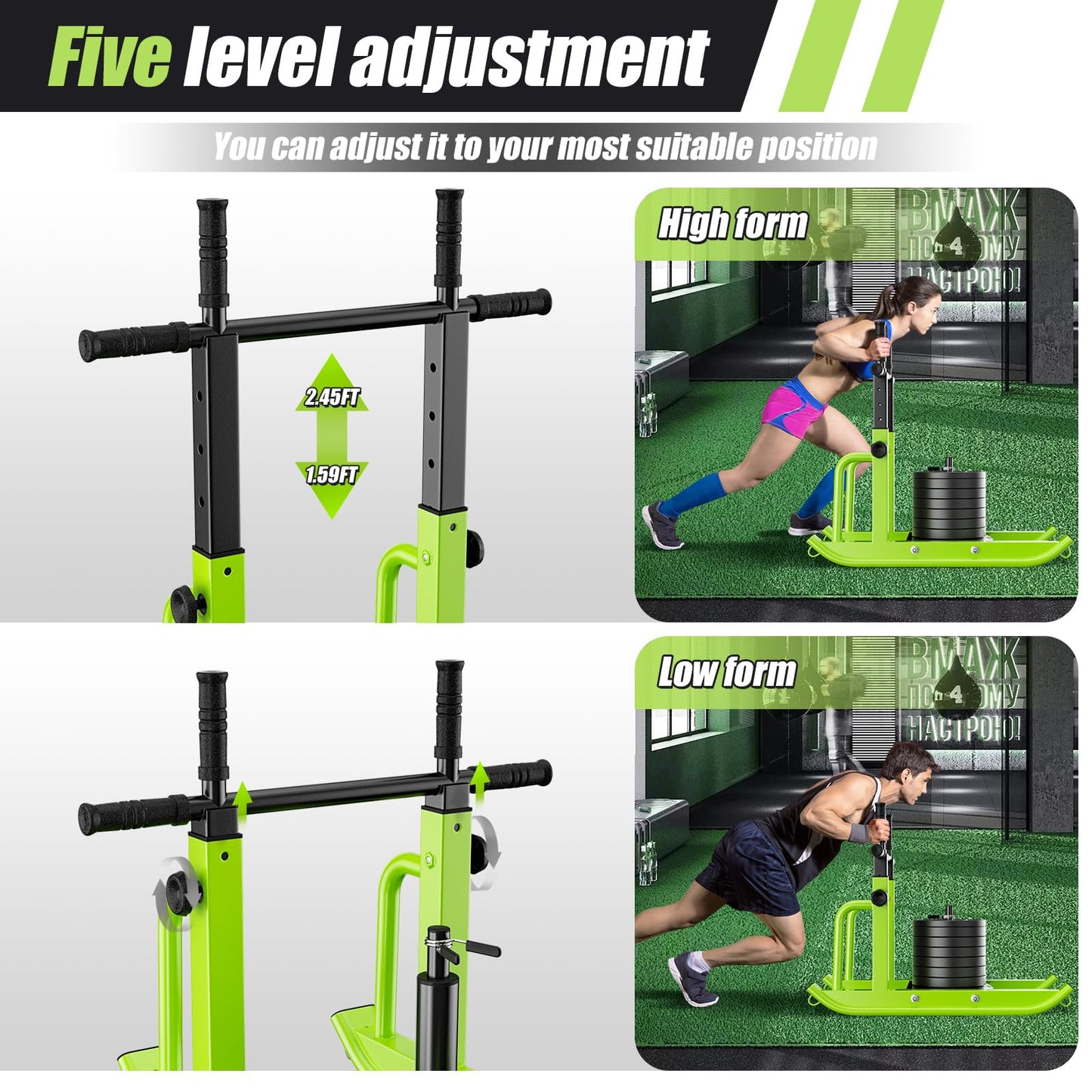 HARVOST Weight Sled Adjustable Height - Weight Training Pull Sled Gym Equipment for Fitness Strength & Speed Training, Suitable for 1" & 2" Weight Plate (Green)