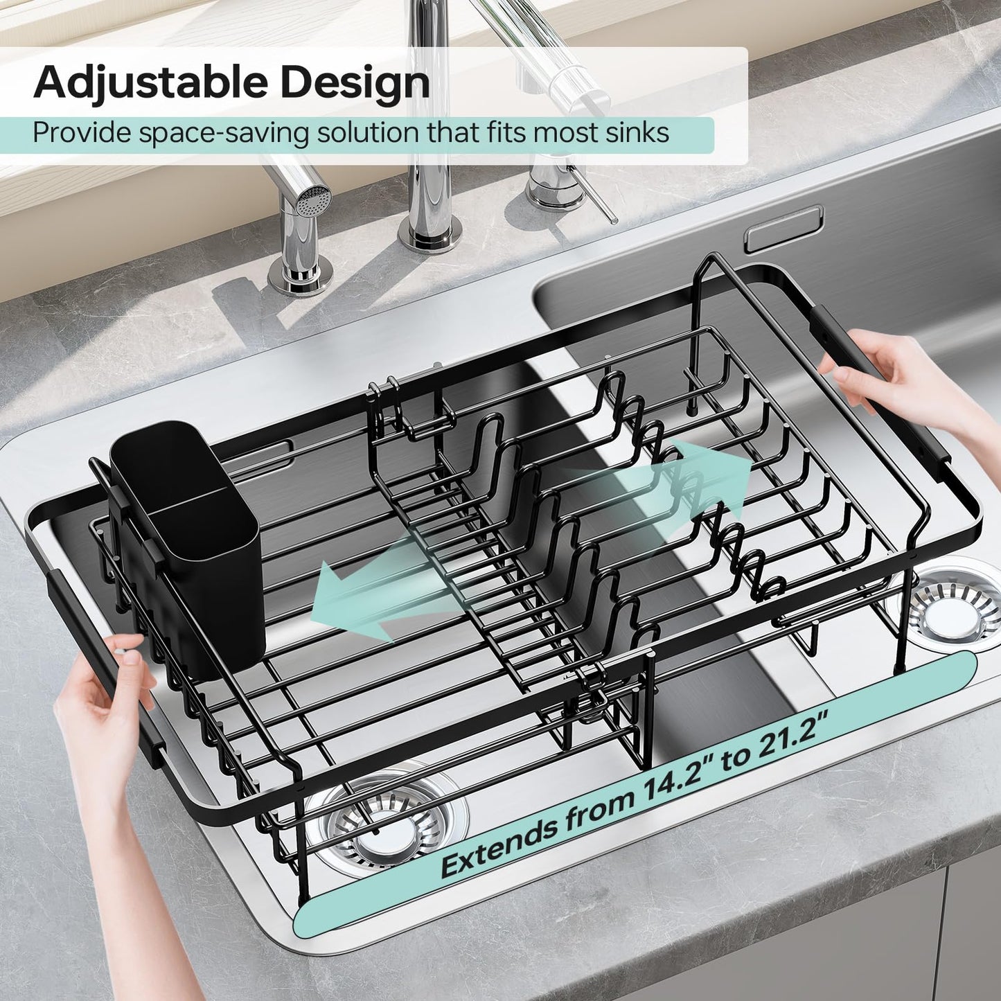 Urackify Dish Drying Rack in Sink - Expandable (14.5''-18''L) Over The Sink Dish Rack with Utensil Holder, Space-Saving Dish Drainer for Kitchen Counter, 1 Piece, Matte Black