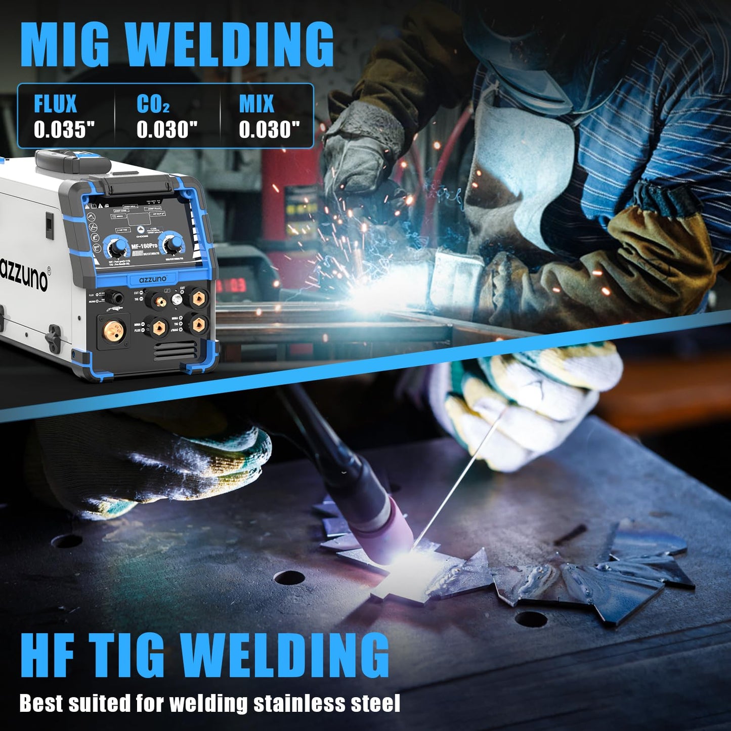 AZZUNO Plasma Cutter Welder Combo 160A, 5 in 1 Plasma Cut/Gas MIG/Flux MIG/HF TIG/Stick Welder Machine, 110V/220V Multiprocess Welding machine(Light Grey)