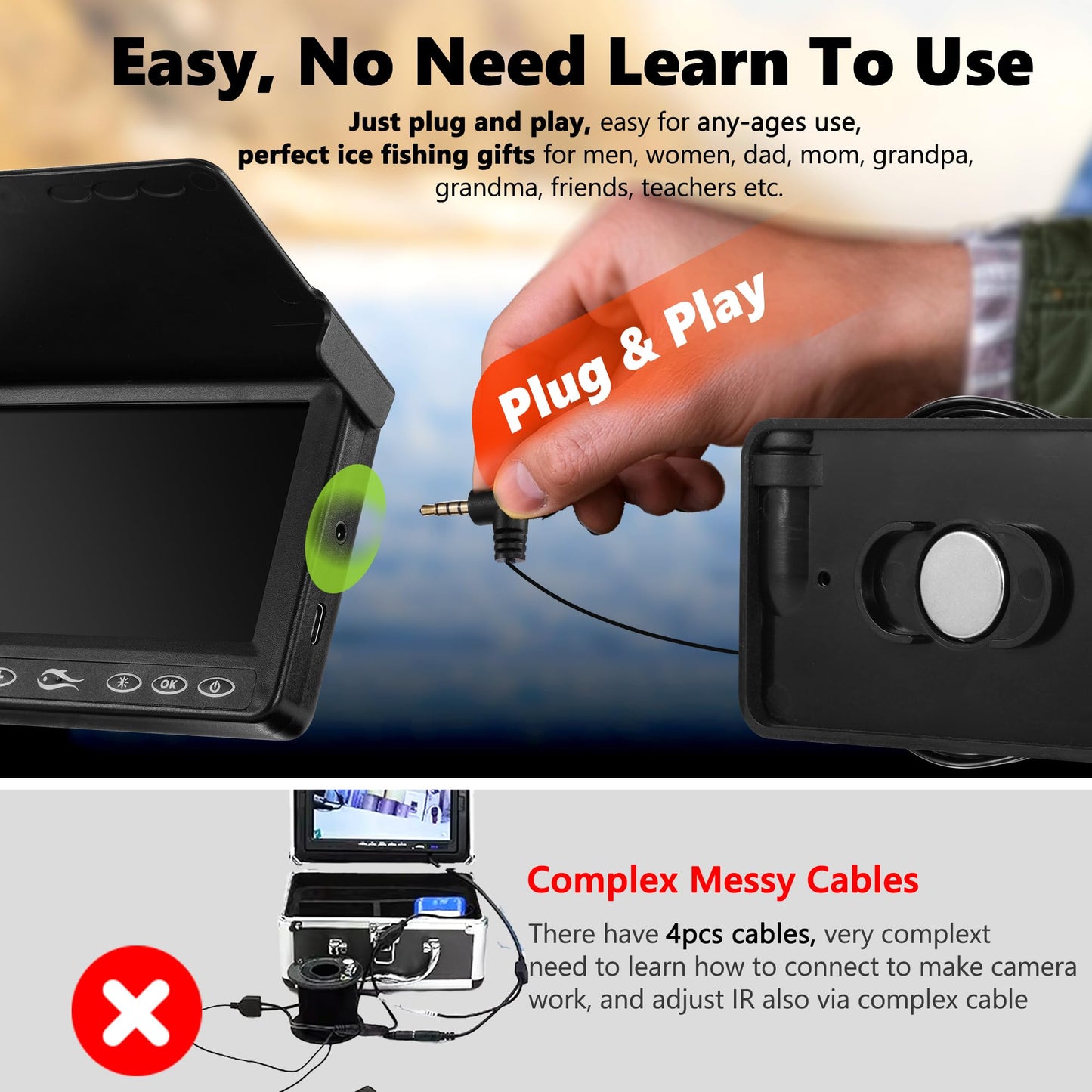 FishPRO Underwater Fishing Camera 4.3'' w/DVR 32GB -1000TVL (No Need Learn) Ice Fishing Camera Underwater,Ice Fishing Fish Finder for Kayak Ice Fishing, 3-Grade IR Lighting, 20X Zoom, 65FT