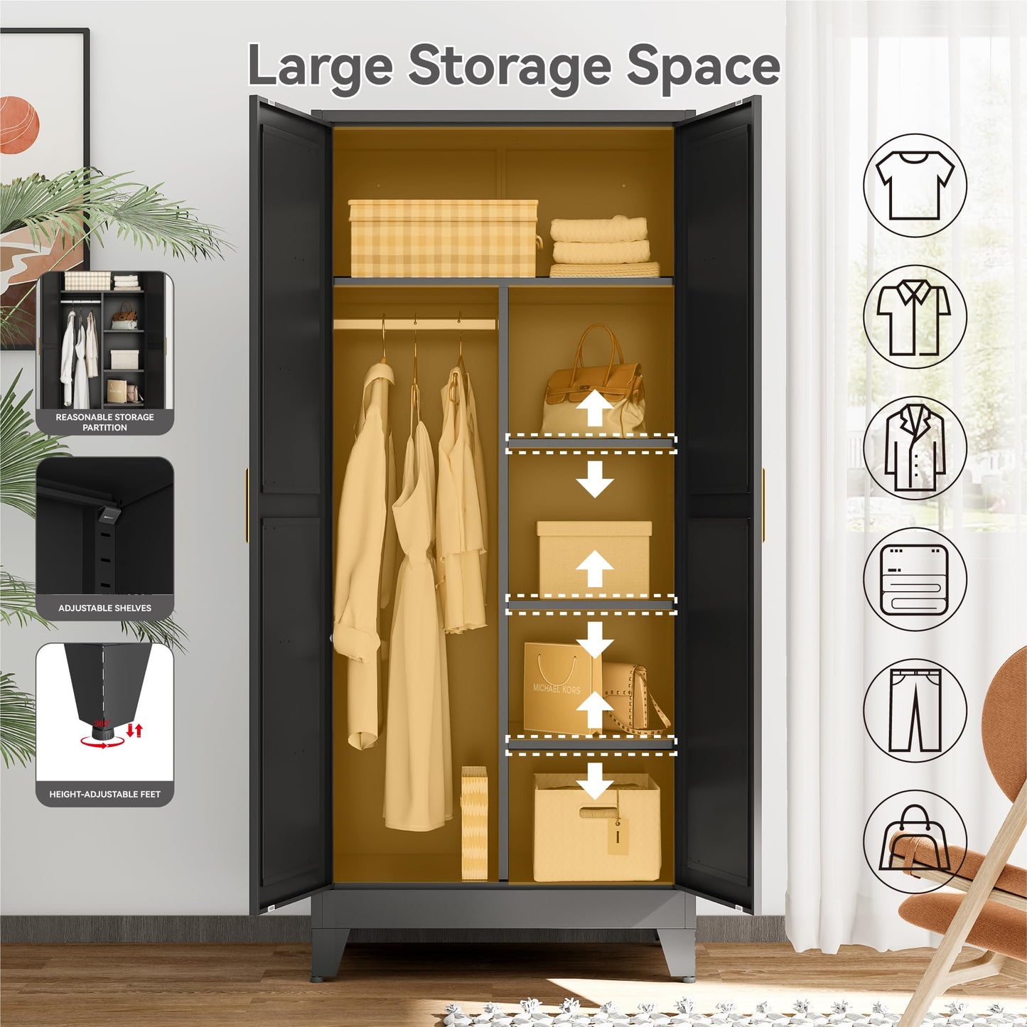 Metal Broom Closet Cabinet, Utility Storage Cabinet with 4 Shelves, Farmhouse Metal Closet with Doors, 71" Tall Storage Cabinets with Hanging Rod and Clothing Shelf for Hallway Laundry Mudroom