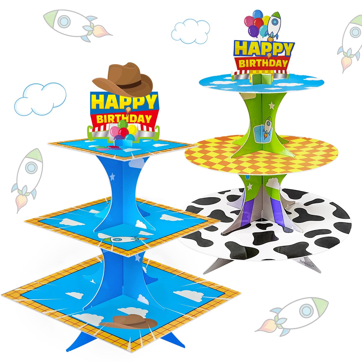 Nabenkalu 3-Tier Cartoon Story cupcake stand 2 Sets Cardboard Cake Stand Dessert Tower Holder for toy theme Birthday Decoration Baby Shower Party Supplies