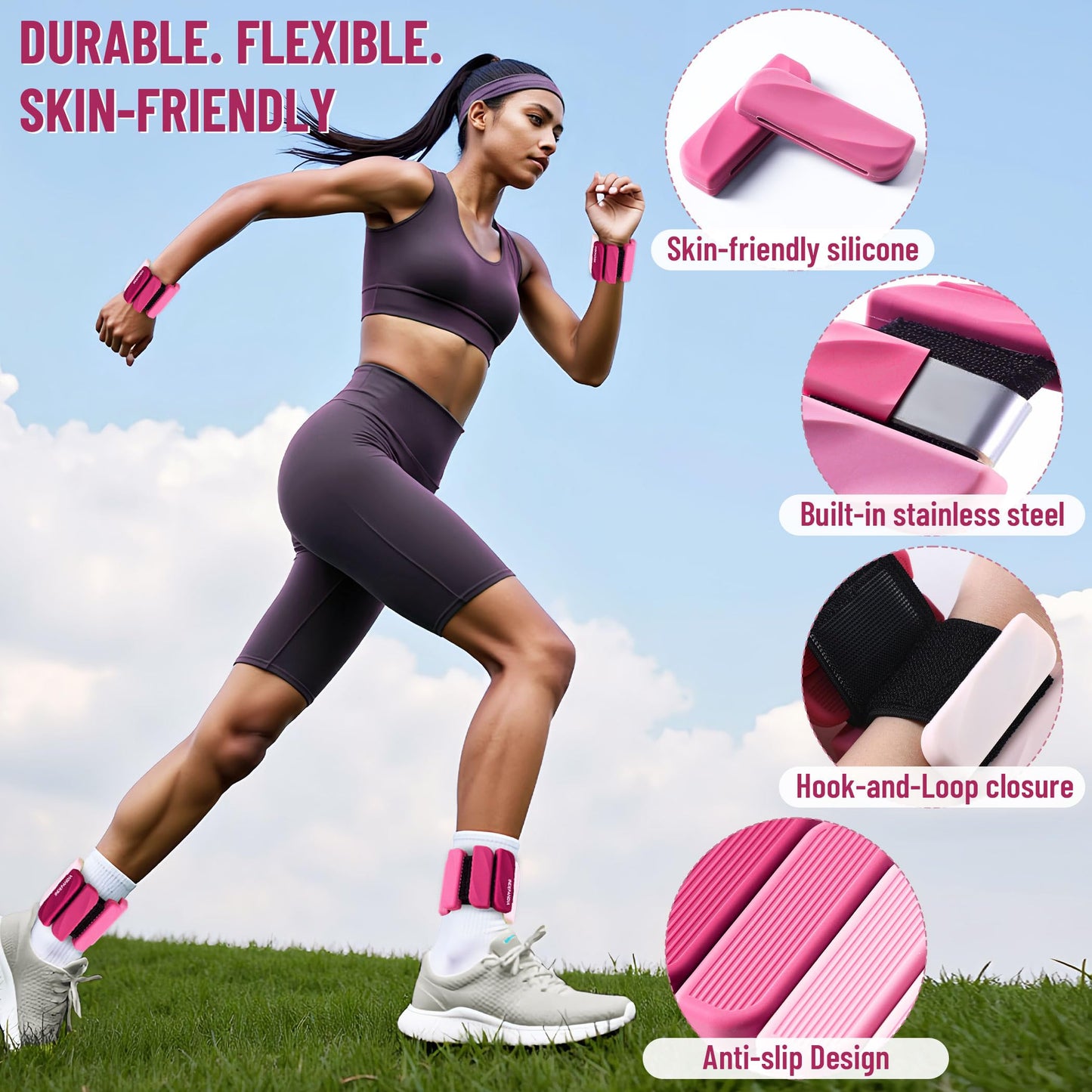 INDEPANDIA Wrist & Ankle Weights for Women and Men, 2lbs Pair Adjustable Silicone Weighted Bangles for Arm & Leg Workouts, Perfect for Pilates, Yoga, Walking & Home Fitness Training Gradient Pink