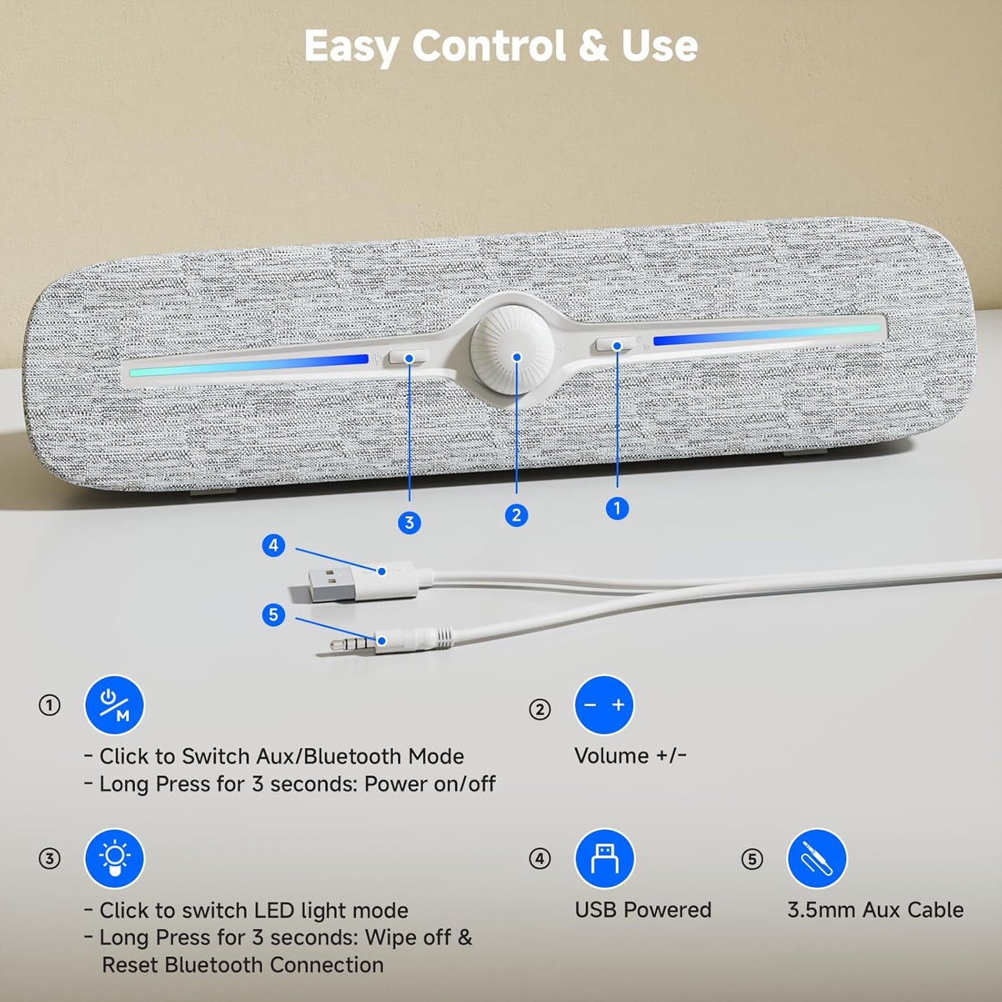 SOULION 3.5mm Computer Speakers for Desktop, USB Powered Bluetooth PC Speaker with Led Light, Aux Soundbar with Rotary