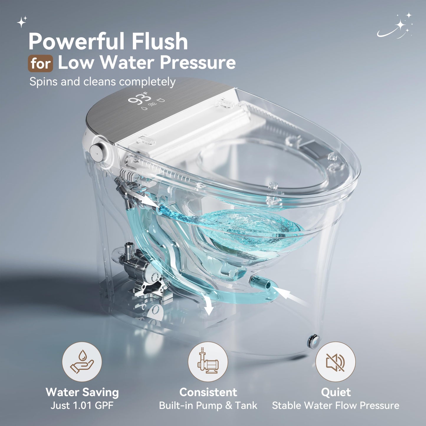 Uncle Brown Smart Toilet with Powerful Flush, for Low Water Pressure, Luxury Smart Toilet built-in bidet with Instant Warm Water, Auto Open& Close Lid and Kick Control, Deodorization, Night Light