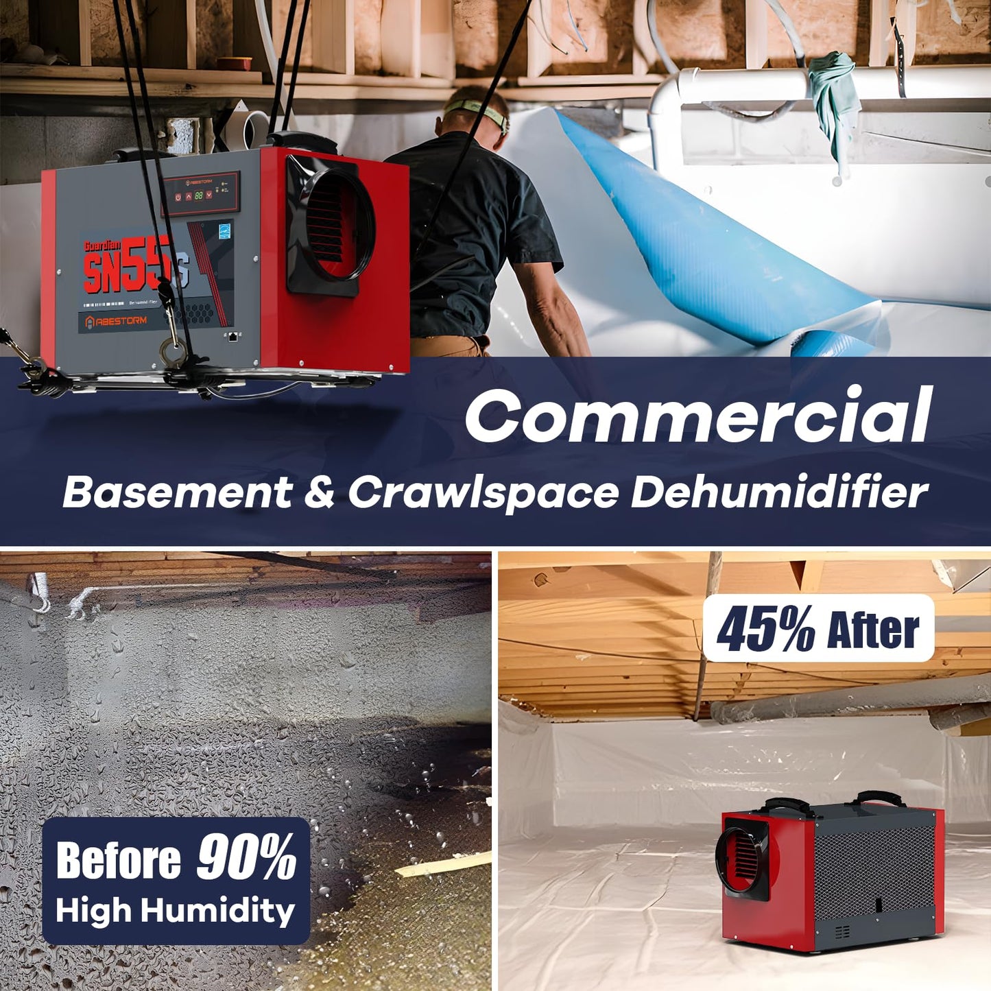 Abestorm Crawl Space Dehumidifier, 120 Pint Commercial Dehumidifiers for Basement, Industrial Dehumidifier with Drain Hose, Portable Dehumidifier Crawlspace, Auto Defrosting, 5 Years Limited Warranty