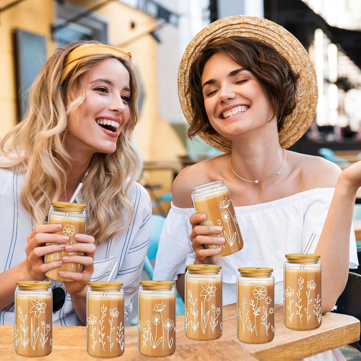 Mumufy 18 Pack Glass Cups Gift Aesthetic Cute Glass Cup Tumbler Flower Iced Coffee Mugs 16 oz with Bamboo Lid & Straw, for Wedding Birthday Bridesmaid Mom Baby Shower