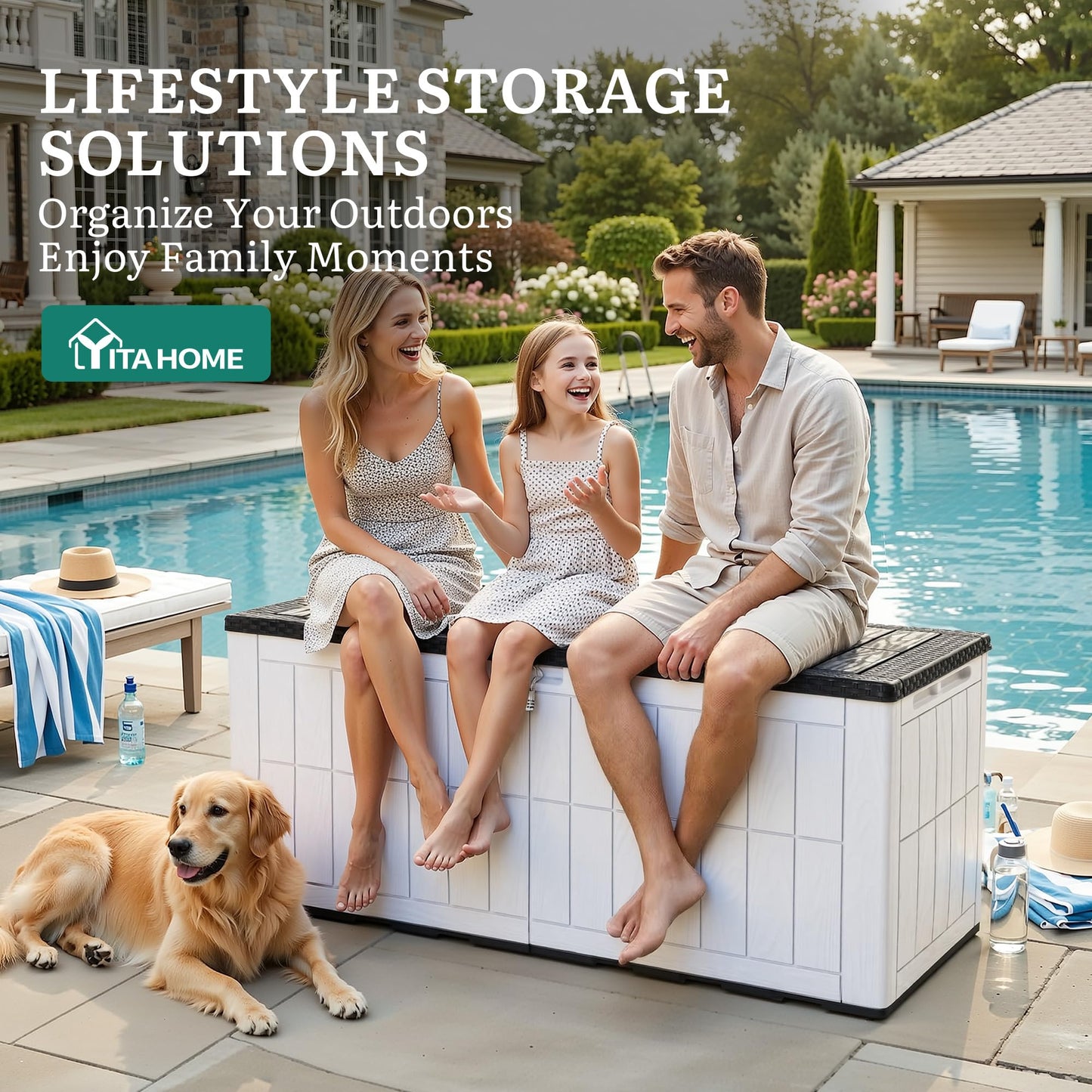 YITAHOME 134 Gallon Large Deck Box, Waterproof Resin Outdoor Storage Box with Lock and 2-Person Bench Seating for Patio Furniture Cushions,Garden Tools & Pool Accessories, Black & Grayish-White
