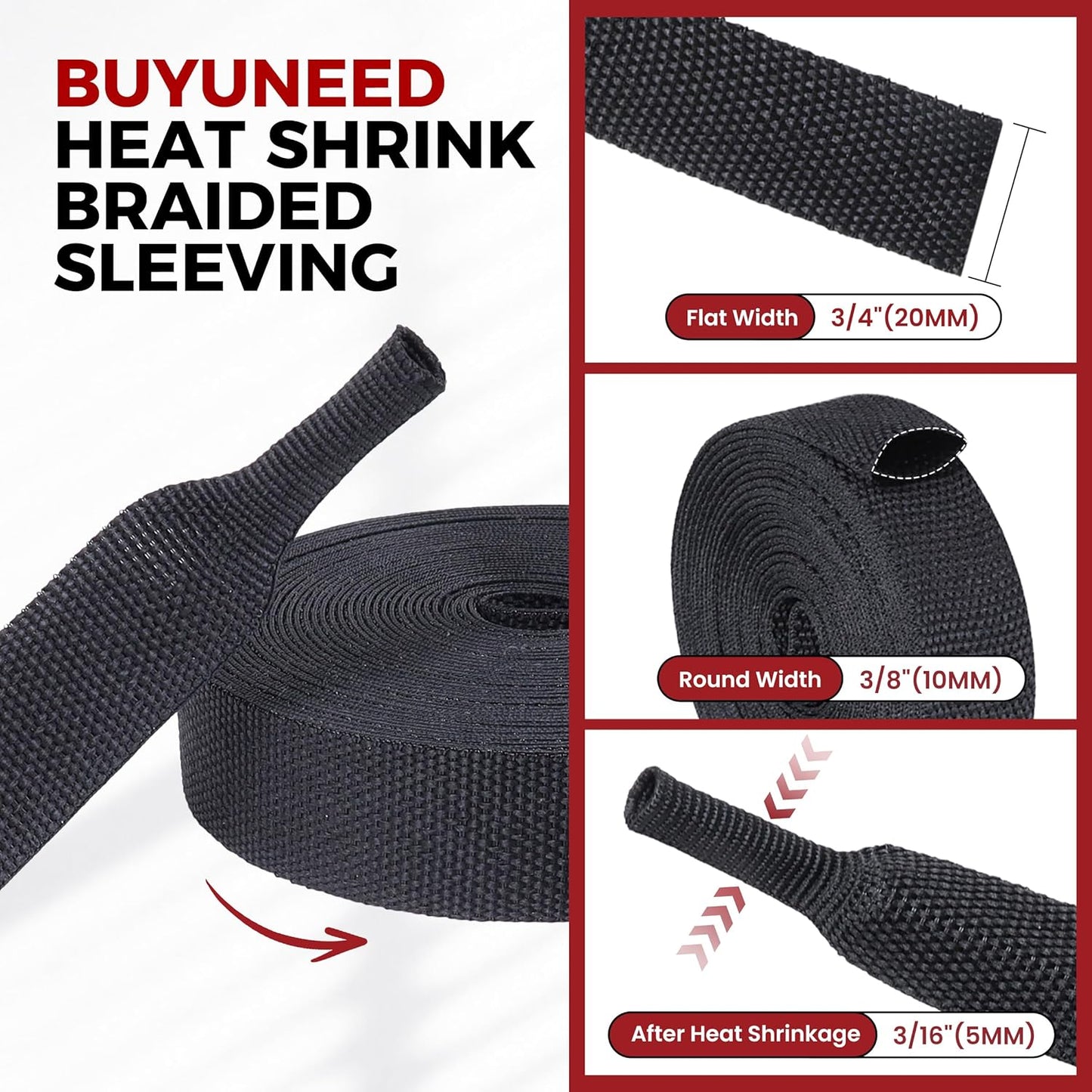 BuyUneed 2:1 (3/8" 16ft) Braided Sleeving Heat Shrinkable Fabric Ratio- Abrasion Protection Flexibility Wiring Harness