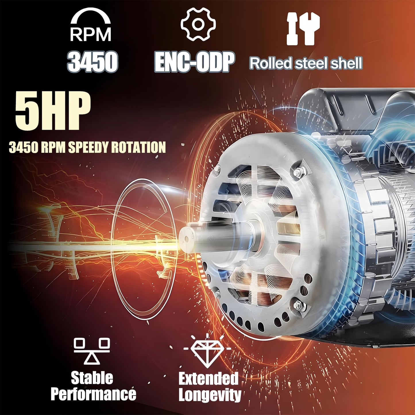 Kunray 5HP Air Compressor Electric Motor, 230V 25 Amps, 56HZ Frame 3450RPM, 7/8" Keyed Shaft, 2.25" Shaft Length, Single Phase, CCW/CW (Factory Setting is CCW)