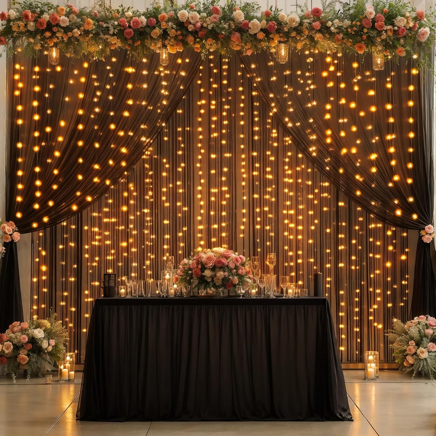 Wish Care 10x10FT Black Wrinkle Free Backdrop Curtains with Lights String for Parties - Photo Curtain Backdrop